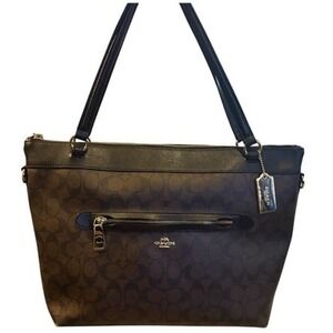 Coach Signature C Monogram Brown Black Leather Tote Shoulder Bag Women's